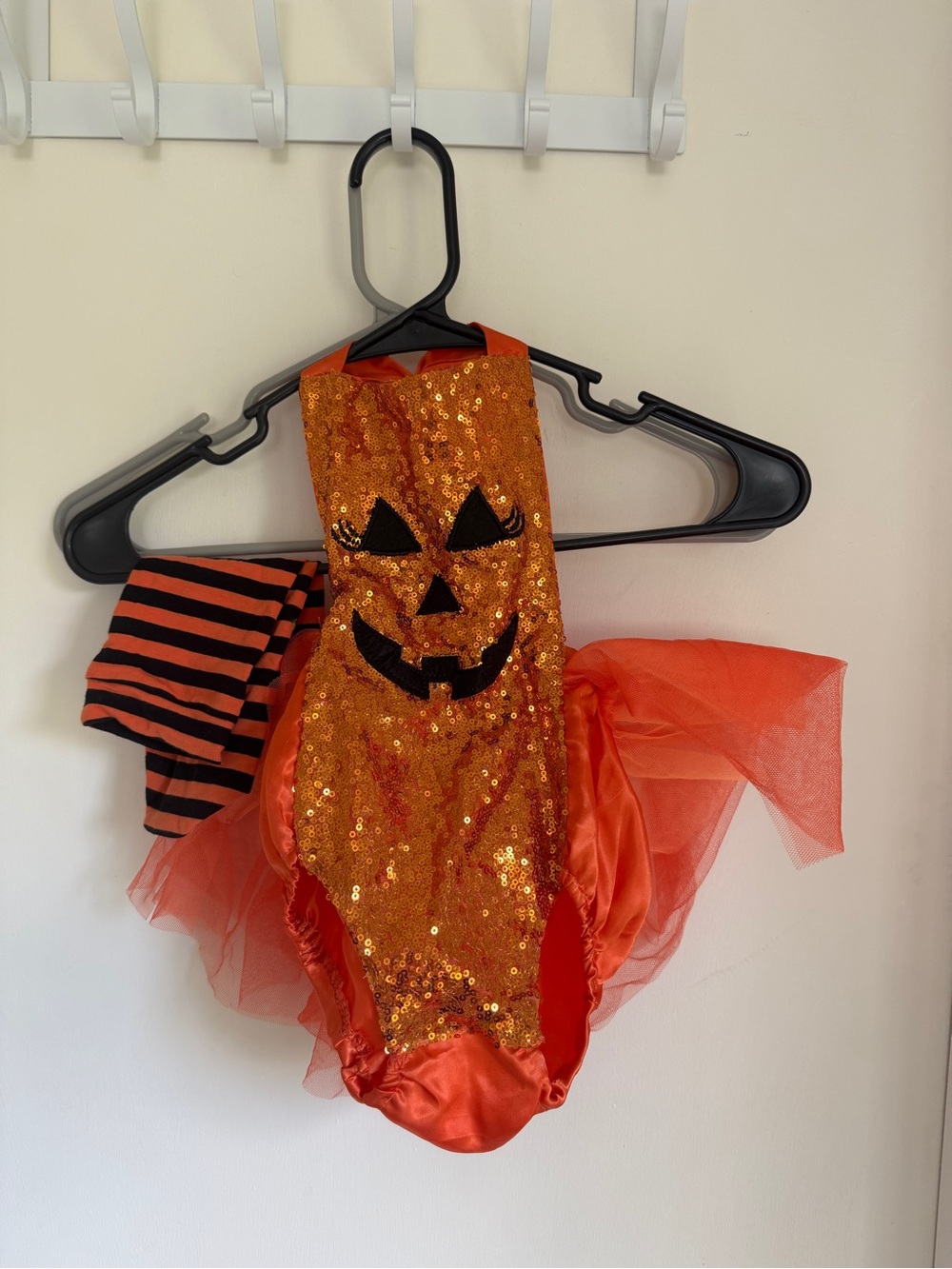 Kids Orange Pumpkin Sequin Costume with Striped Tights